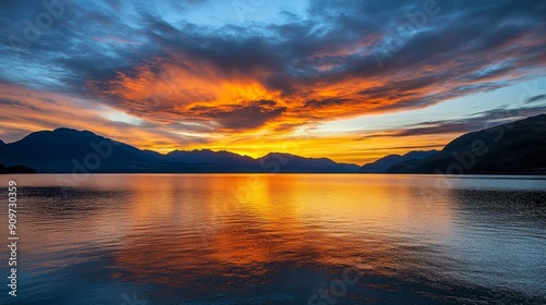 Dramatic sunset over calm lake with mountains and clouds.