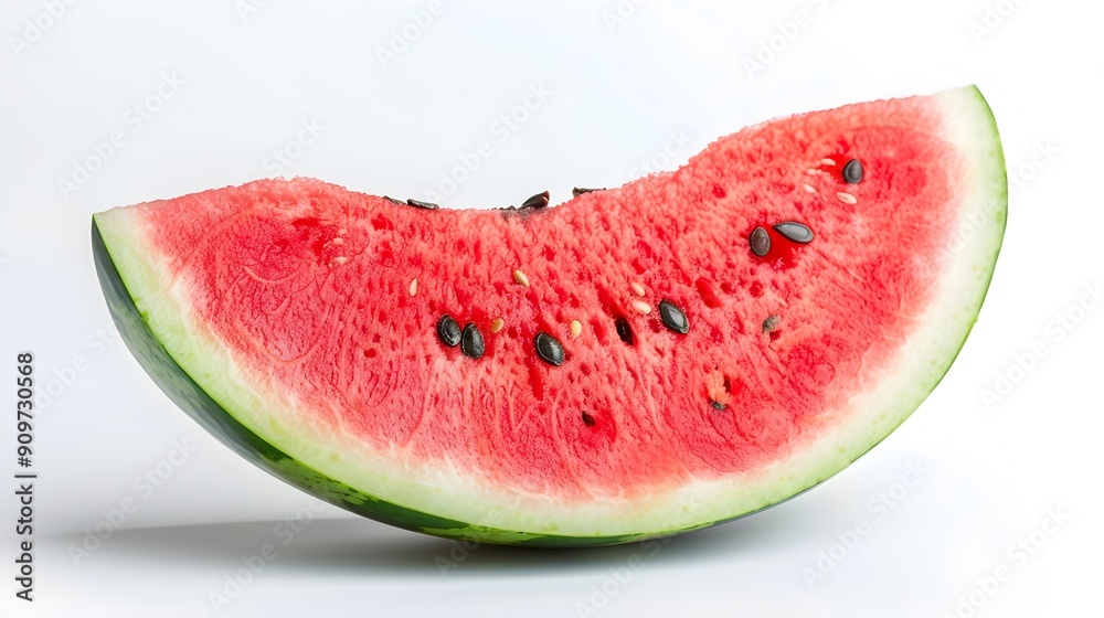 Vibrant Red Watermelon Slice with Black Seeds on White Background Vibrant Red Watermelon Slice with Black Seeds on White Background