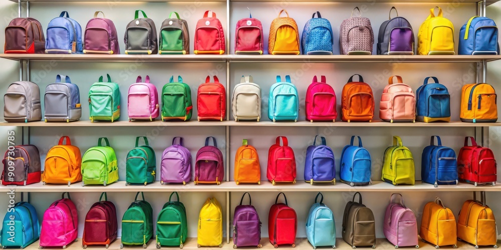Fototapeta premium Colorful backpacks neatly displayed on shelves for back to school shopping, backpacks, colorful, shelves