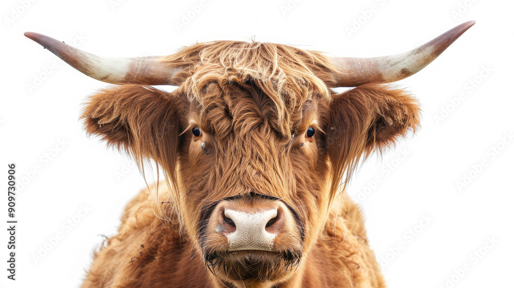 Brown highland cow cattle front view and looking forward isolated on white background Brown highland cow cattle front view and looking forward isolated on white background