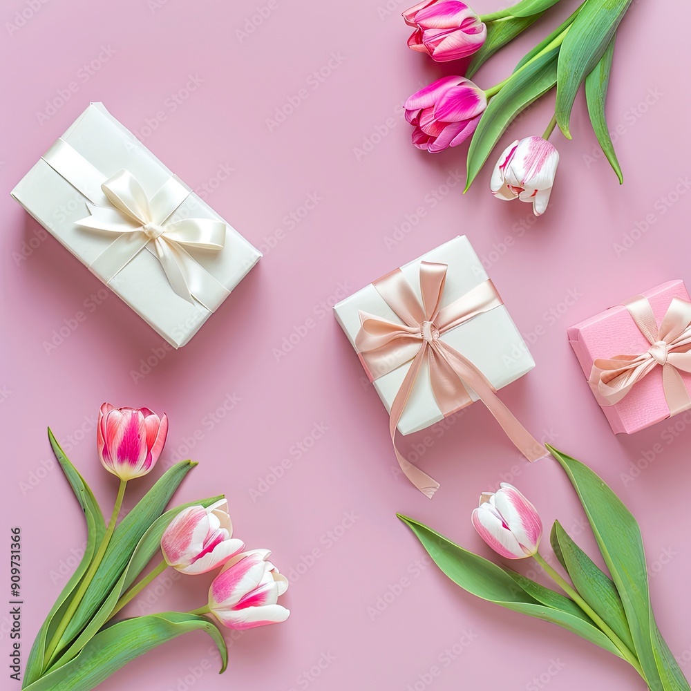 Mother's Day decorations concept. Top view photo of trendy gift boxes with ribbon bows and tulips on isolated pastel pink background with generative ai Mother's Day decorations concept. Top view photo of trendy gift boxes with ribbon bows and tulips on isolated pastel pink background with generative ai