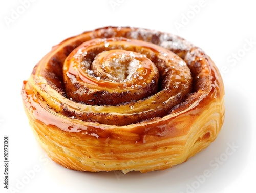 Freshly Baked Cinnamon Roll with Cinnamon Sugar Filling and Cream Cheese Frosting on White Background