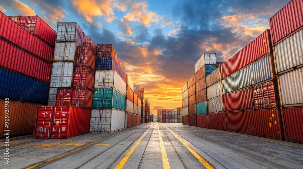 Fototapeta premium Vibrant Sunset Over Shipping Containers in Port.