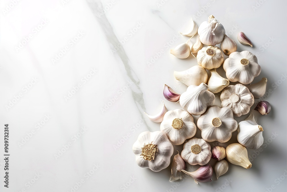 A collection of garlic bulbs and cloves, placed on a white marble surface A collection of garlic bulbs and cloves, placed on a white marble surface