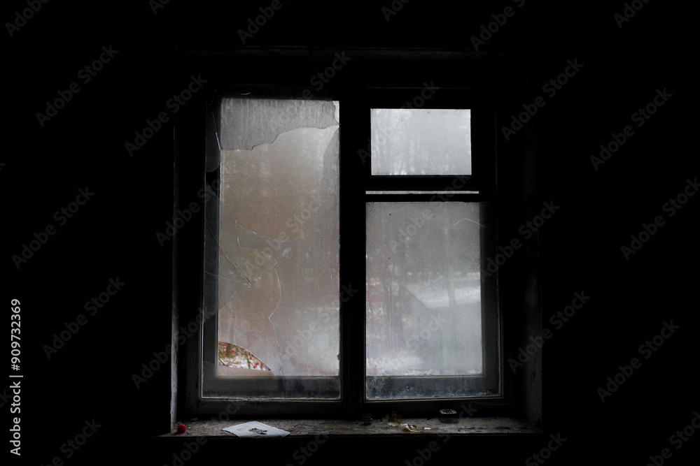 Old abandoned building. Old windows. Abandoned hotel. Horror concept. window silhouette Old abandoned building. Old windows. Abandoned hotel. Horror concept. window silhouette