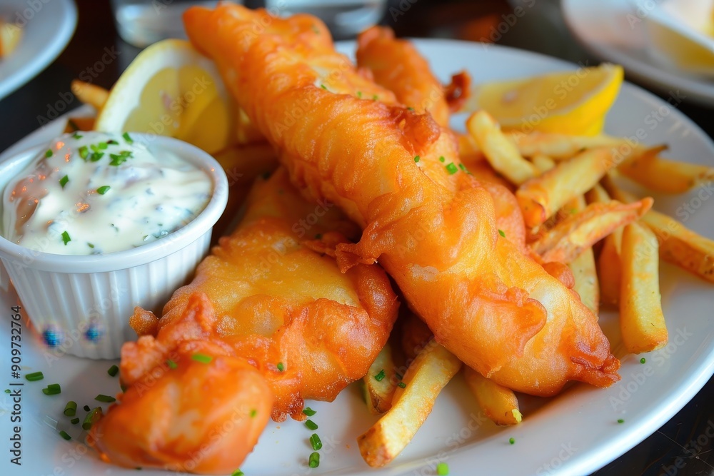 A plate of fish and chips, featuring crispy battered fish and golden fries, served with tartar sauce and a wedge of lemon A plate of fish and chips, featuring crispy battered fish and golden fries, served with tartar sauce and a wedge of lemon