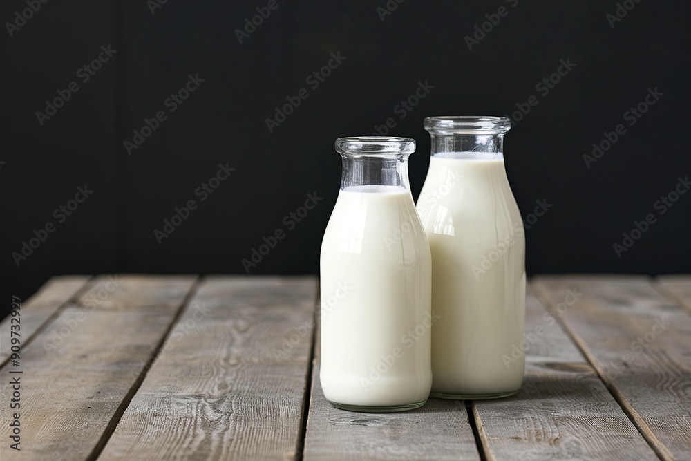 Fresh milk two bottle glass on the wooden table and black background Fresh milk two bottle glass on the wooden table and black background