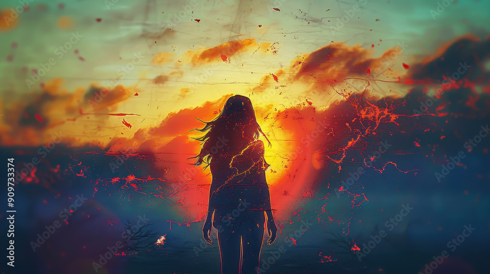 Silhouetted woman with cracked body facing sunrise, digital illustration, ethereal beauty of renewal and transformation, surreal artwork reflecting strength and resilience, evocative dawn scene. Silhouetted woman with cracked body facing sunrise, digital illustration, ethereal beauty of renewal and transformation, surreal artwork reflecting strength and resilience, evocative dawn scene.