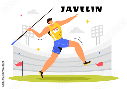 Vector Illustration of Javelin Thrower Athlete Using a Long Spear Shaped Tool to Throw as Far as Possible in a Sports Activity Flat Background