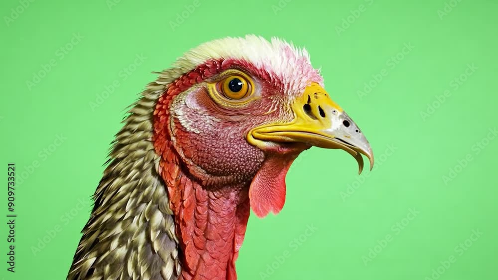 A wild turkey proudly displays its features amidst bright green screen background, gazing forward to showcase its unique coloration and intricate feathers. A wild turkey proudly displays its features amidst bright green screen background, gazing forward to showcase its unique coloration and intricate feathers.