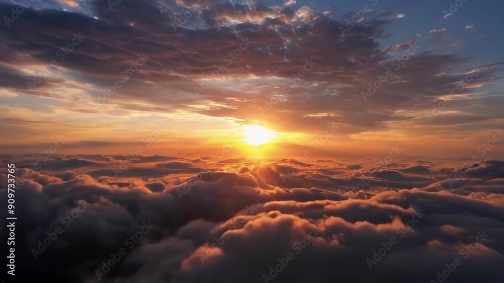 A stunning aerial view of a vibrant sunset casting warm light over clouds, evoking peace and tranquility in a serene natural setting A stunning aerial view of a vibrant sunset casting warm light over clouds, evoking peace and tranquility in a serene natural setting
