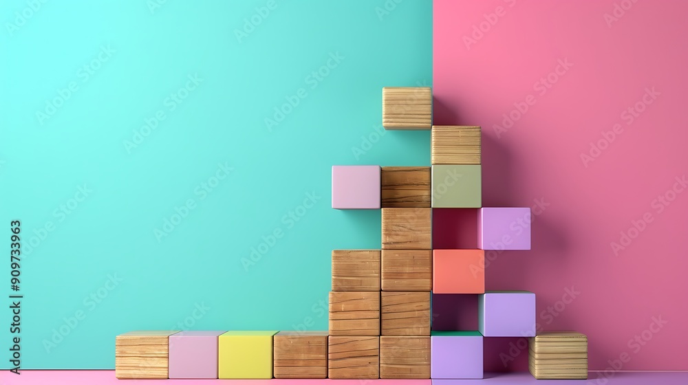 Concept of growth in business stack of wooden block bar graph isolated on colorful background Concept of growth in business stack of wooden block bar graph isolated on colorful background