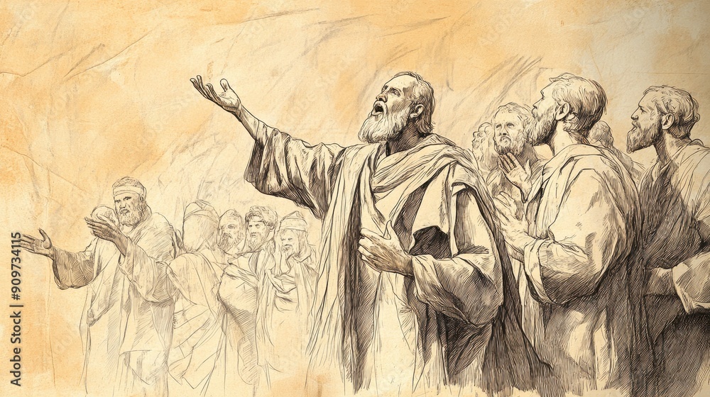 Fototapeta premium Biblical Illustration: Moses Singing About God's Faithfulness and Justice in Deuteronomy - Bible Wall Art with Beige Background for Spiritual Inspiration