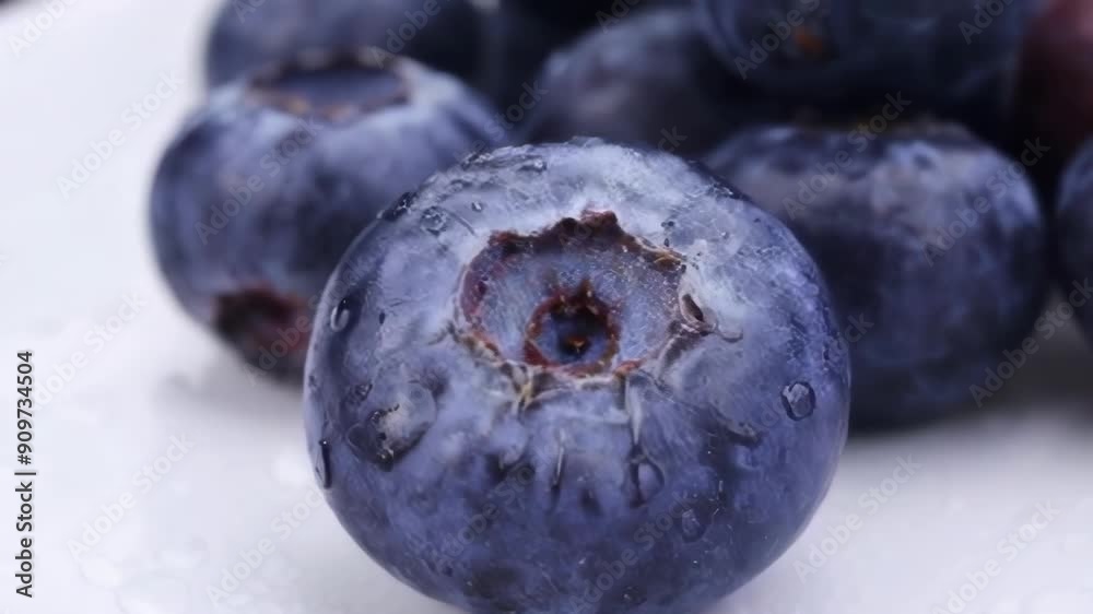 Close up of plump blueberries with droplets, emphasizing freshness and vibrancy in a natural setting Close up of plump blueberries with droplets, emphasizing freshness and vibrancy in a natural setting