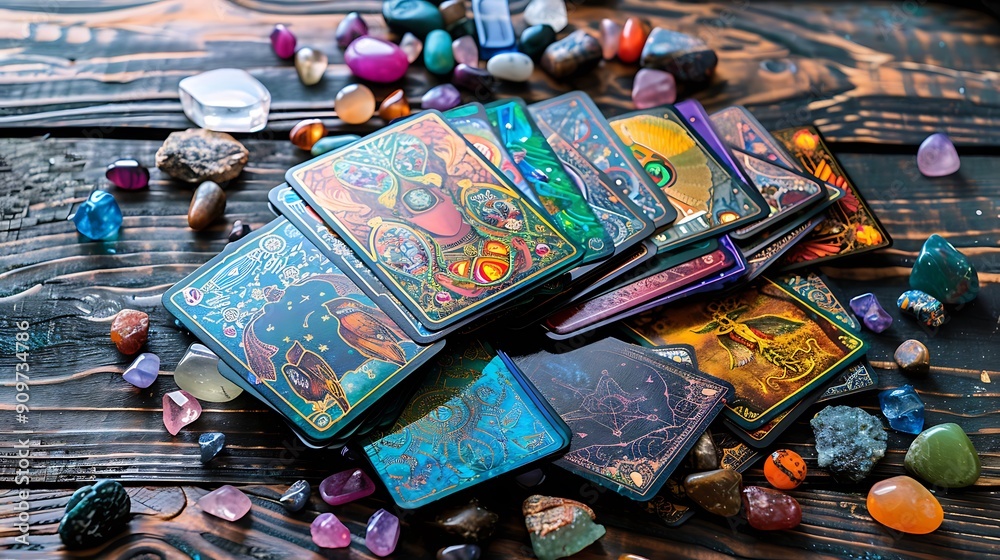 Deck with homemade fortune telling angel cards on bright wooden table surrounded with semi precious stones crystals for decoration Deck with homemade fortune telling angel cards on bright wooden table surrounded with semi precious stones crystals for decoration