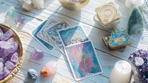 Deck with divination homemade angel cards on bright white table surrounded with semi precious stones crystals photo