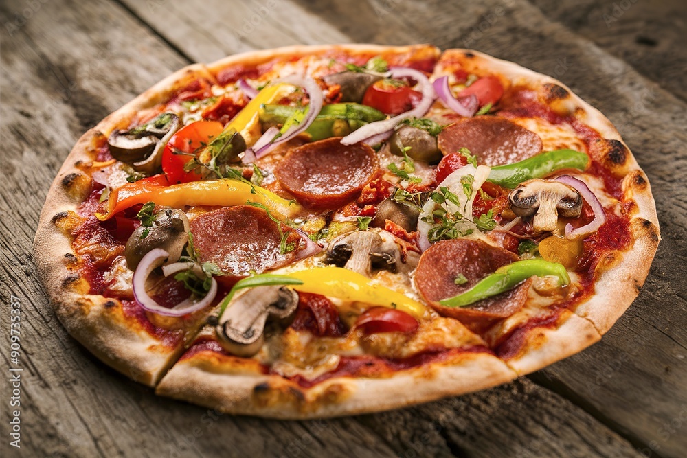 A pizza with a variety of toppings including pepperoni, mushrooms, onions A pizza with a variety of toppings including pepperoni, mushrooms, onions