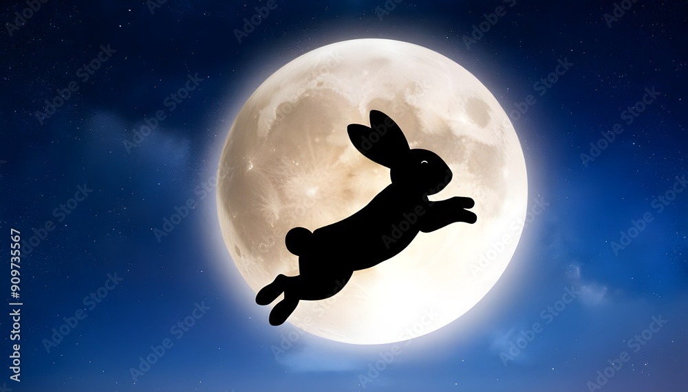The rabbit jumping toward the full moon. The rabbit jumping toward the full moon.