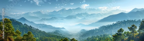 Misty Mountain Range with Forested Hills