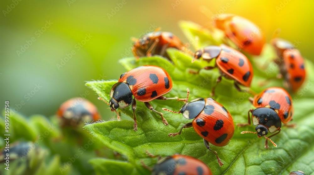 Cluster of Ladybugs on Green Leaf Cluster of Ladybugs on Green Leaf