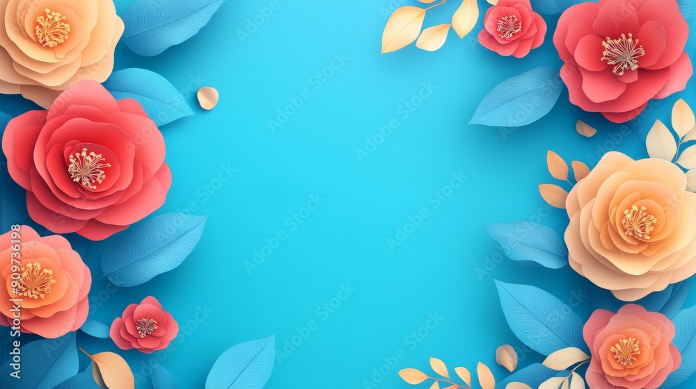Vibrant flowers and leaves on a blue background artfully. Vibrant flowers and leaves on a blue background artfully.