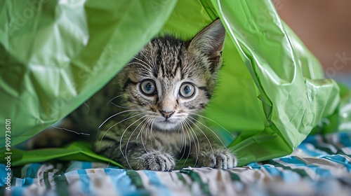 Dinger kitten plays with a green slicker close up photo