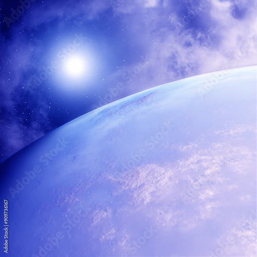 Blue planet, nebula and stars. Space background. 3D rendering.