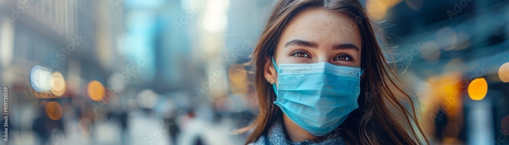 Young Woman Wearing Face Mask in Busy City Young Woman Wearing Face Mask in Busy City