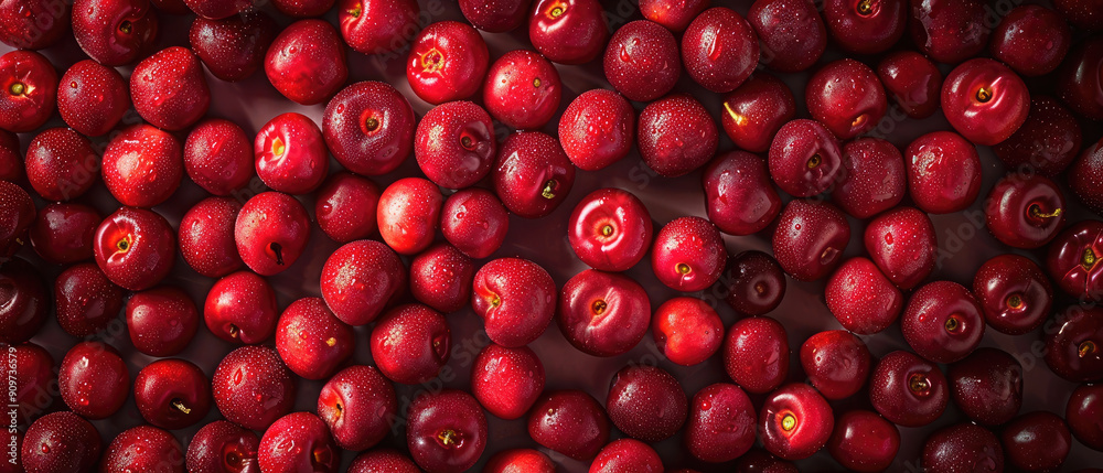 View of a bunch of fresh ripe red Cherry fruits with neatly arranged from above on a wide flat textured background View of a bunch of fresh ripe red Cherry fruits with neatly arranged from above on a wide flat textured background