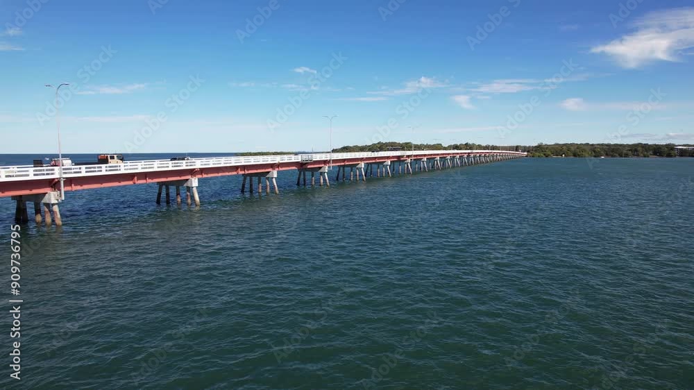 Bribie Bridge And Seascape In Sandstone Point, Queensland, Australia - Drone Shot Bribie Bridge And Seascape In Sandstone Point, Queensland, Australia - Drone Shot