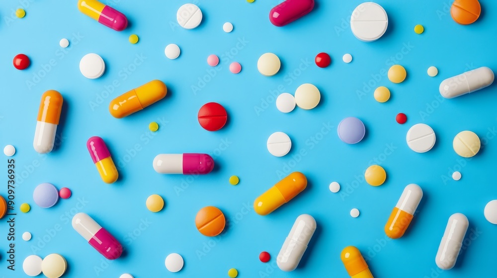 Various colorful pills and capsules on blue background.