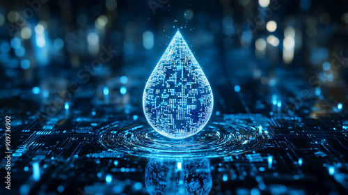 digital blue water drop icon with binary code, artificial intelligence in water resource management, hydrology modeling, environmental monitoring, analysis for sustainable conservation efforts