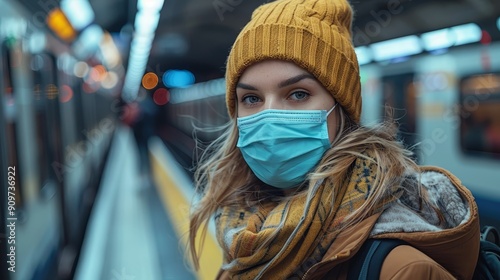 Woman with Mask and Beanie in Subway