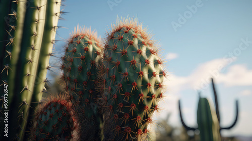 Cacti with spines under clear blue sky. Close-up nature photography for desert and botanical theme photo