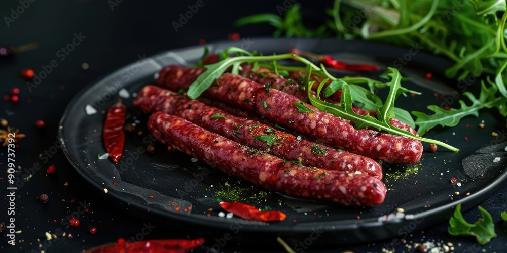 Raw thin long sausages for grilling in natural casings with spices and fresh greens on black background Raw thin long sausages for grilling in natural casings with spices and fresh greens on black background