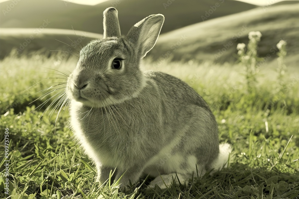 Fototapeta premium A black and white rabbit sitting on a lush green grassy field