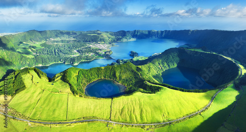Fototapeta Naklejka Na Ścianę i Meble -  Sete Cidades volcanic lake - panorama landscape, Azores, Portugal