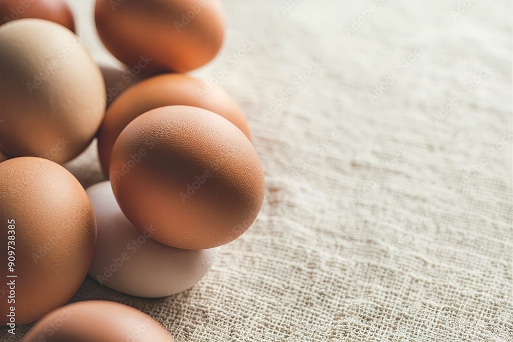 Loose fresh brown hens eggs on textile with copy space and focus to a single egg Loose fresh brown hens eggs on textile with copy space and focus to a single egg