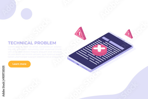 Isometric vector Concept of computer outage or failure due to server downtime, technical issues, software update errors, operating system crashes, or cyber attacks.
