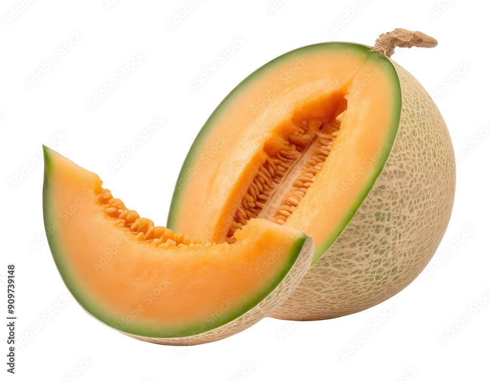 Fresh cantaloupe melon with a juicy slice on white background. Perfect for healthy eating and summer fruit themes in stock photography. Fresh cantaloupe melon with a juicy slice on white background. Perfect for healthy eating and summer fruit themes in stock photography.