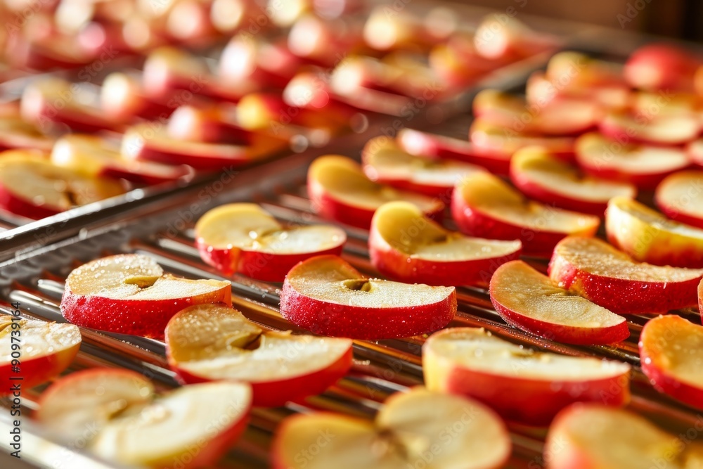 Drying apples, drying fruits, apple chips production. Sliced apples in the food dryer. Cuts on dehydrator tray Drying apples, drying fruits, apple chips production. Sliced apples in the food dryer. Cuts on dehydrator tray