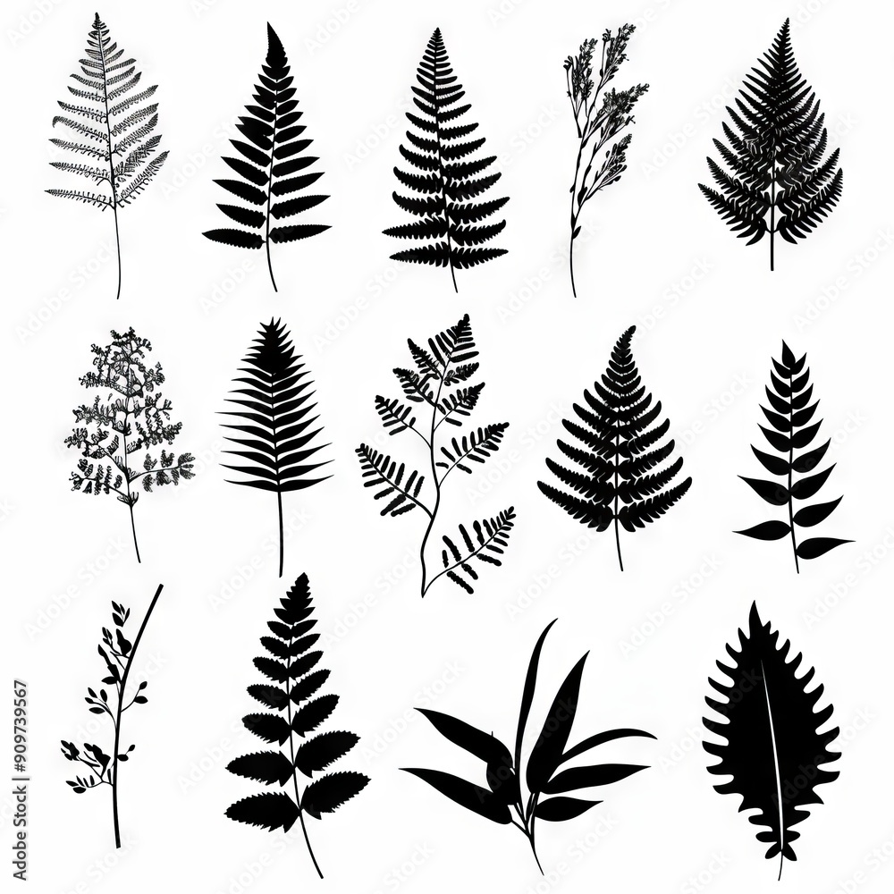Fototapeta premium Asparagus Fern Flower Icon Set, Garden Asparagus Fern Black White Design, Abstract Asparagus Fern Symbol
