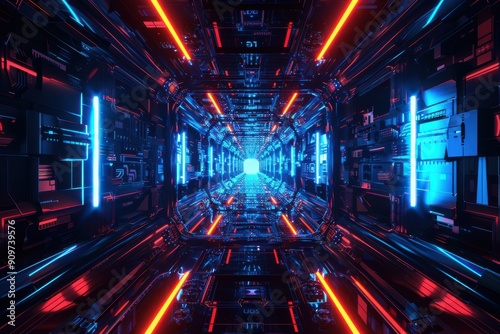 Futuristic Sci-Fi Tunnel with Neon Lights. A 3D Illustration of a Spaceship Corridor or Technology Background