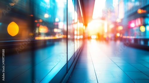 Blurred cityscape reflecting neon lights all over.