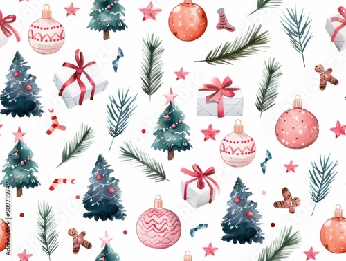 A seamless watercolor pattern featuring classic Christmas motifs and festive icons in traditional colors