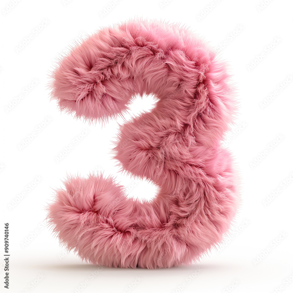 Fluffy pink number three on white background