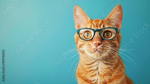 Ginger Cat wearing glasses at home isolated on colorful background