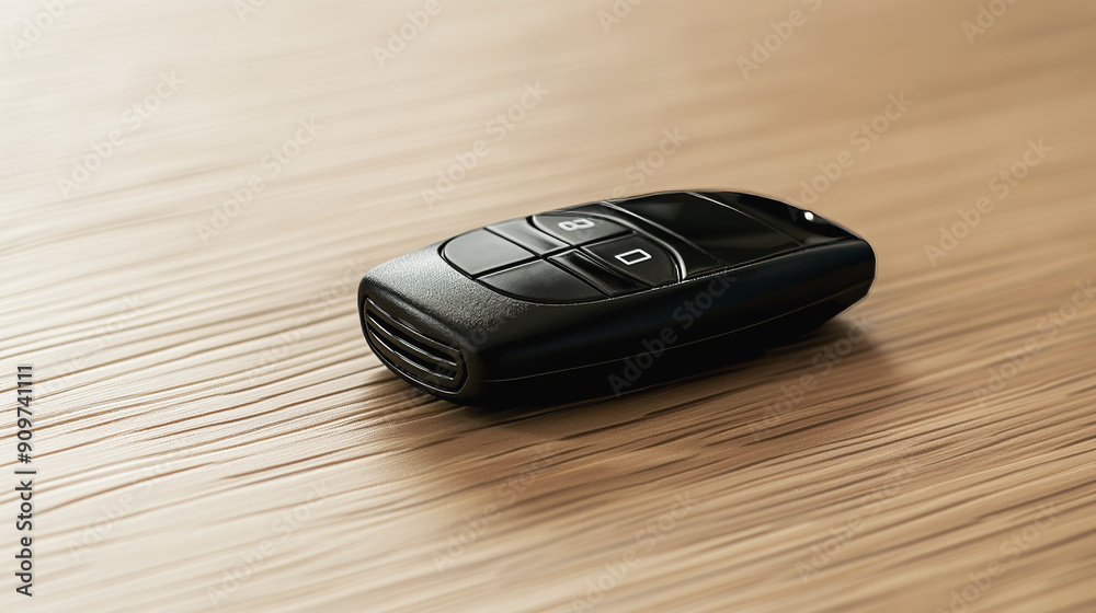 Modern car key, black, resting on wooden table, highlighting sleek design and technology, car accessories concept Modern car key, black, resting on wooden table, highlighting sleek design and technology, car accessories concept