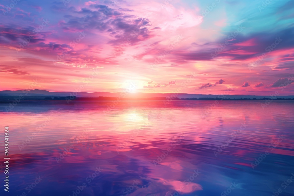 Fototapeta premium Beautiful sunset over tranquil lake, colorful reflections on water, summer paradise mockup
