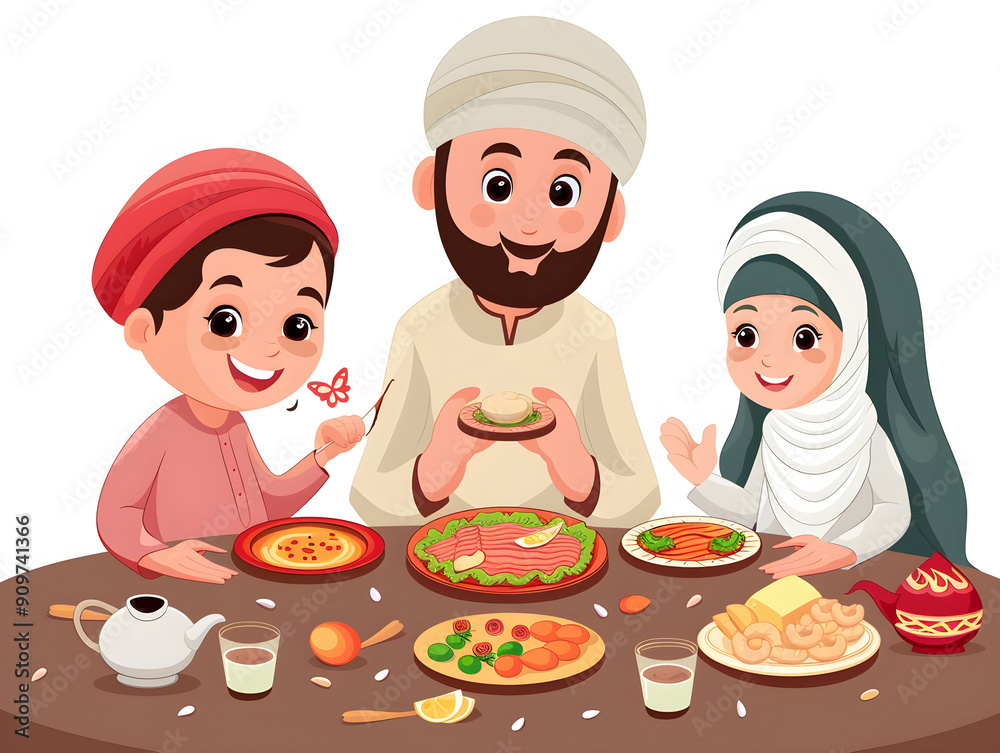 A family of four, two parents and two children, eating dates and drinking water.